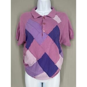 Desigual Top Womens Medium Purple Argyle Preppy Knit Polo Shirt Heritage Pastel